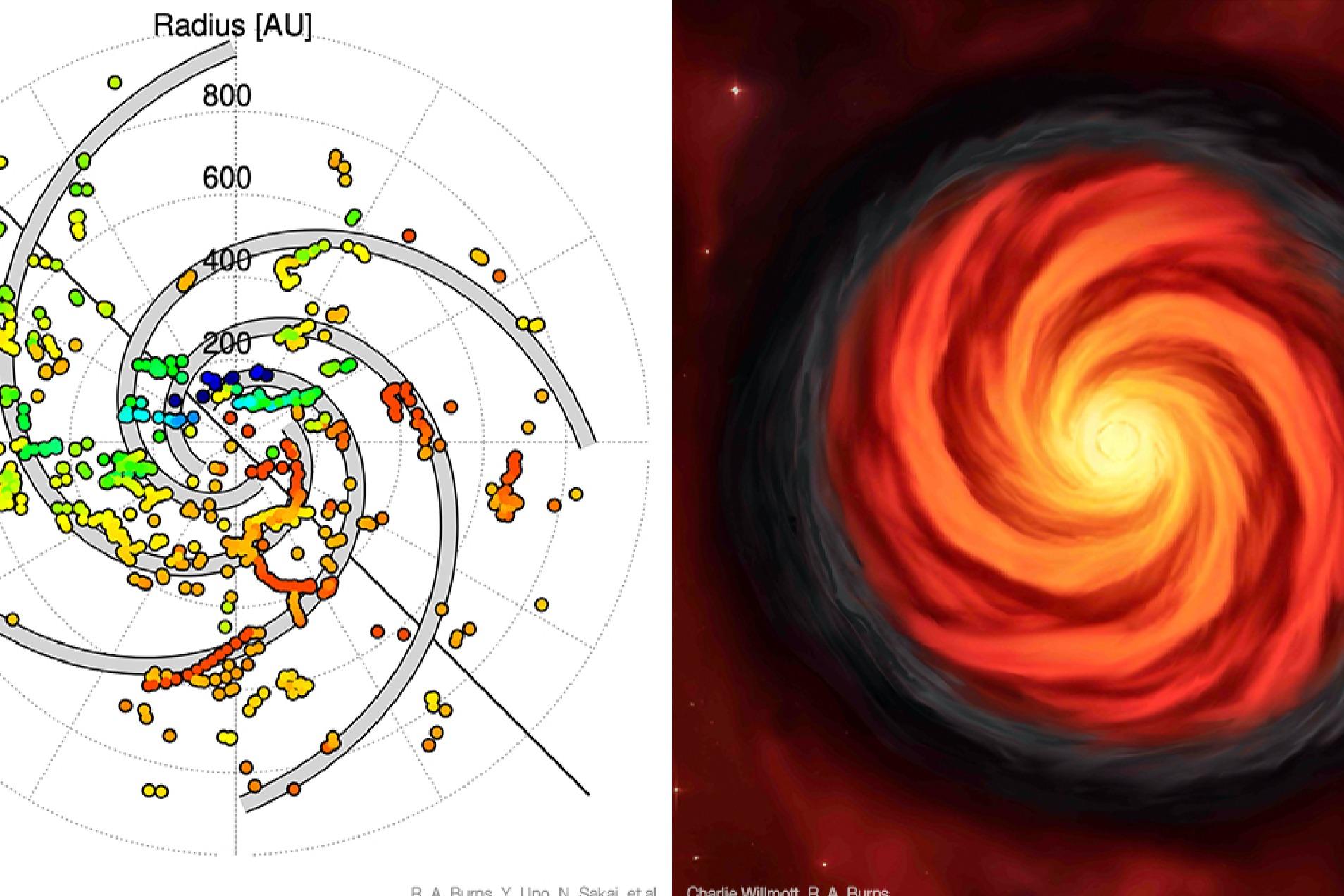 Birth of a high-mass stellar baby at the center of a disk with spiral arms revealed by radio telescopes